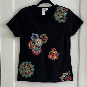 Colorful Embroidered Short Sleeve T-Shirt 100% Cotton Top V-Neck Black Tee